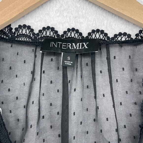 INTERMIX Top S Silk Chiffon Sheer Swiss Dot V-Neck Ruffle Long Sleeve Black - Picture 5 of 11